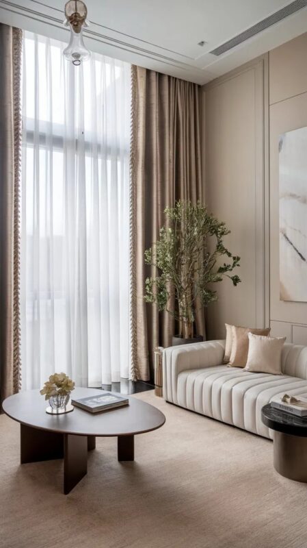 Sala elegante con cortinas de piso a techo en tono neutro, junto a un sofá claro